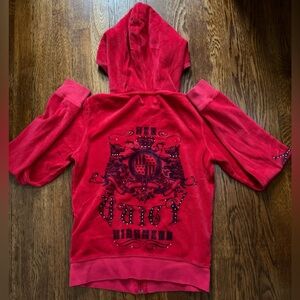 Juicy Couture Vintage Red Velour Velvet Full Zip Hoodie Jacket Rhinestone Sz M